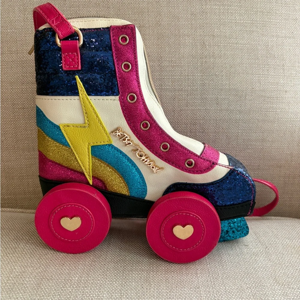 Betsey Johnson Roller Shoe Crossbody Bag - Pink, Blue & Yellow Sparkle - Picture 2 of 7